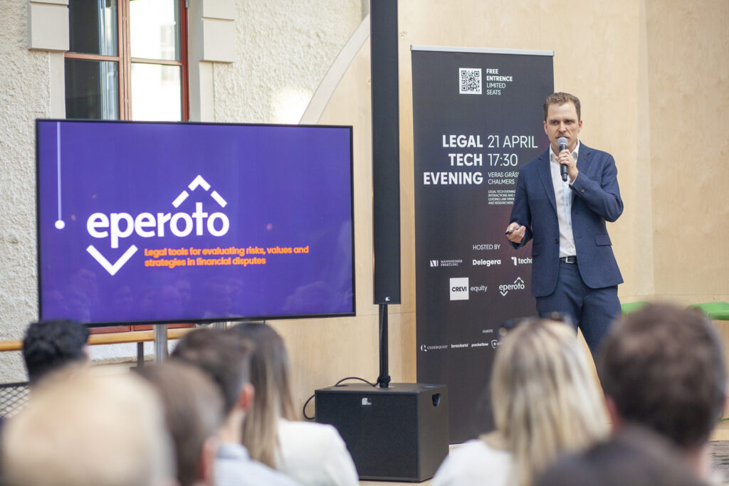 Olof Heggemann, founder of Eperoto AB, presenting on stage during the Legal Tech Evening.